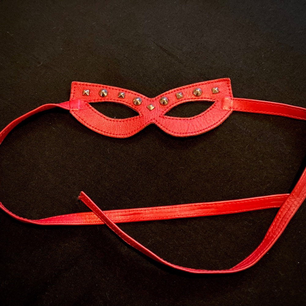 Studded Leather Masquerade Mask Red Silver Tie-On Vintage Y2K Goth Fetish Sexy